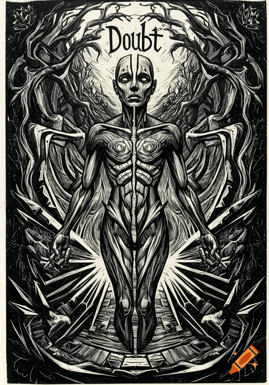 A black and white woodcut of a stylized human figure with internal bone-like structures, standing amidst gnarled forms and radiating light. The word 'Doubt' is above its head.