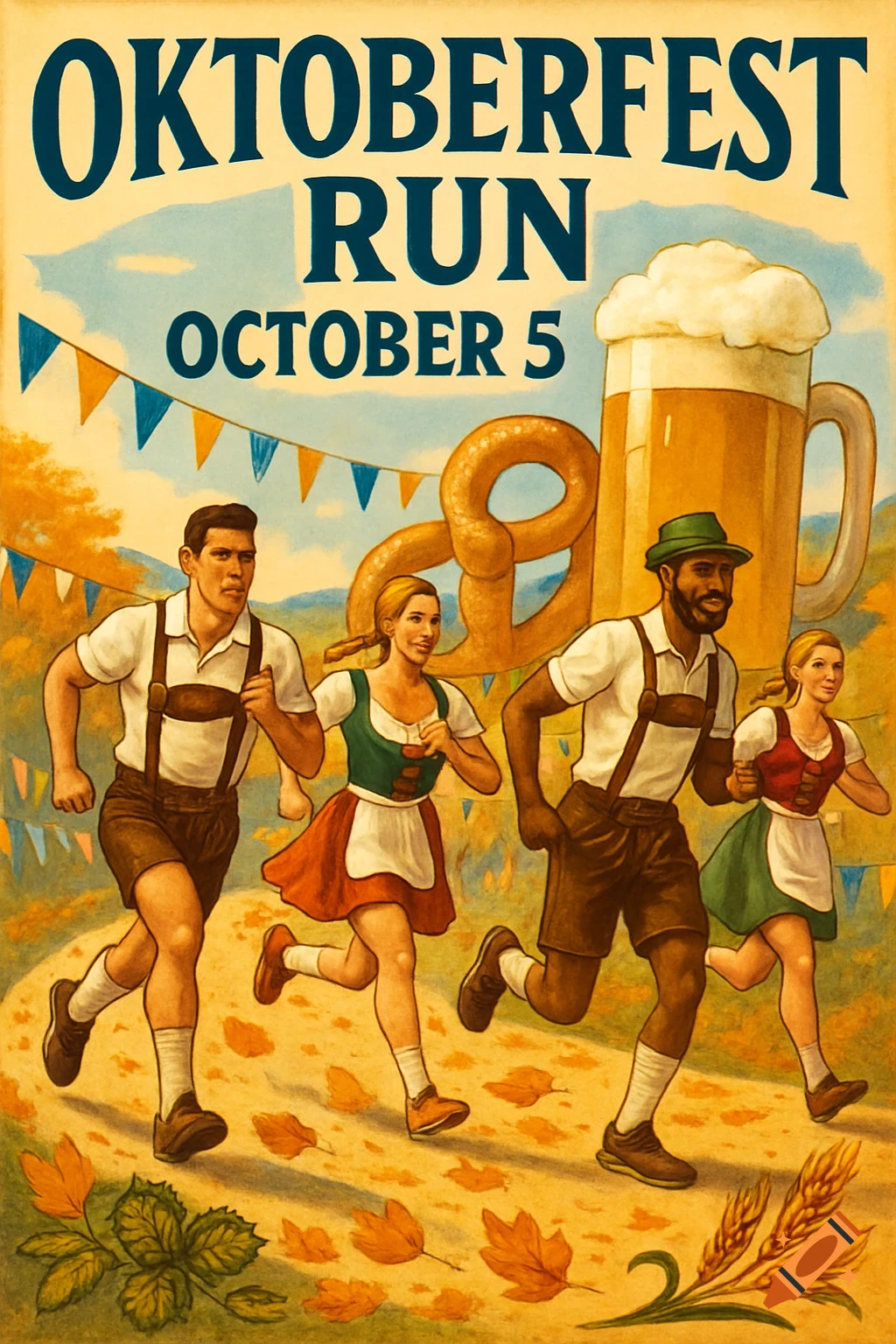 Illustrated vintage-style poster for an Oktoberfest Run event, showing four people in traditional attire running past a large beer stein and pretzel.