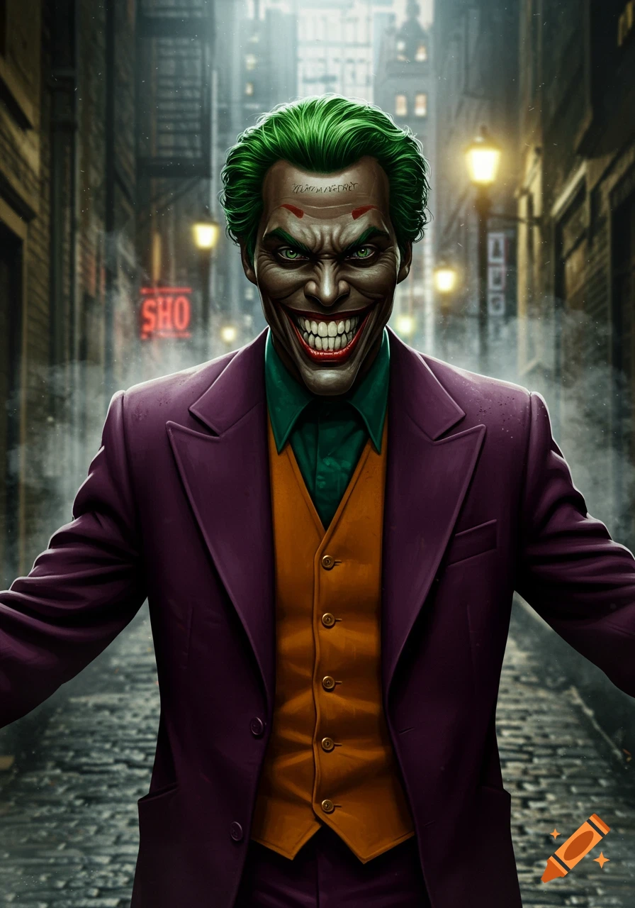 An illustrated portrait of a Black Joker with green hair, a wide menacing smile, and a purple suit, standing in a dark alley.