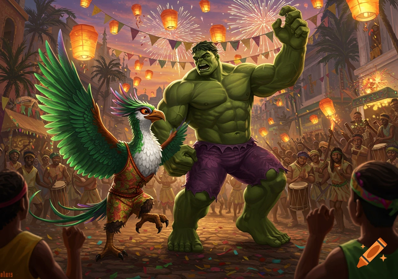 Hulk and a green bird-like creature dance at a vibrant street festival with lanterns, fireworks, and a cheering crowd.