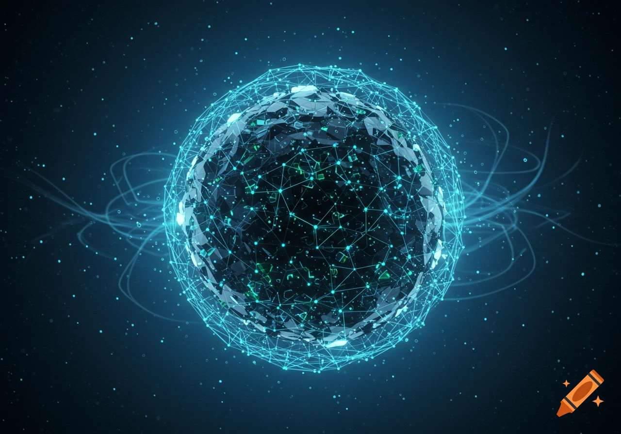 An abstract, glowing blue and green sphere with intricate interconnected lines and nodes, set against a dark blue, starry background.