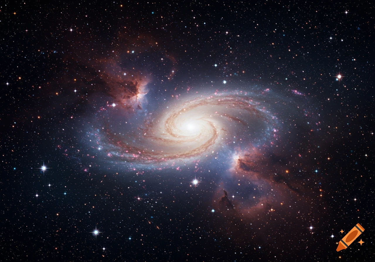A vibrant spiral galaxy with glowing arms, surrounded by countless stars and colorful nebulas in deep space.