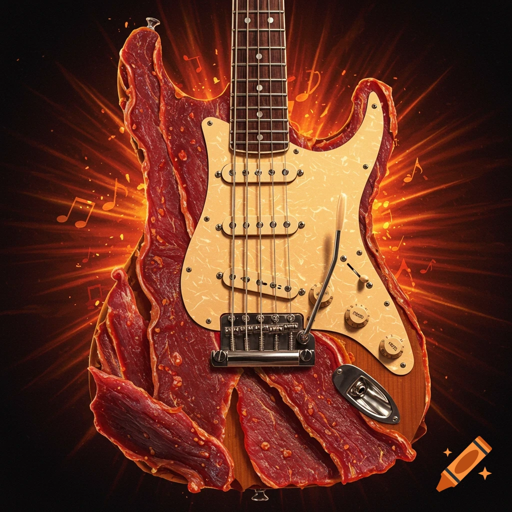 An electric guitar with a body made of red beef jerky, emitting orange light and musical notes against a dark background.