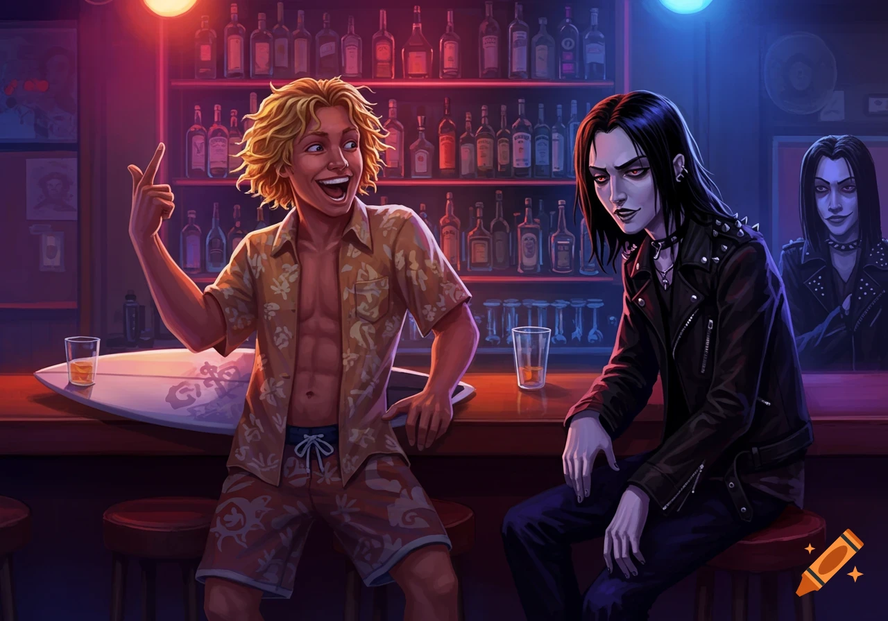 A smiling blonde surfer guy with a surfboard sits at a dimly lit bar next to a stoic goth man, digital art.
