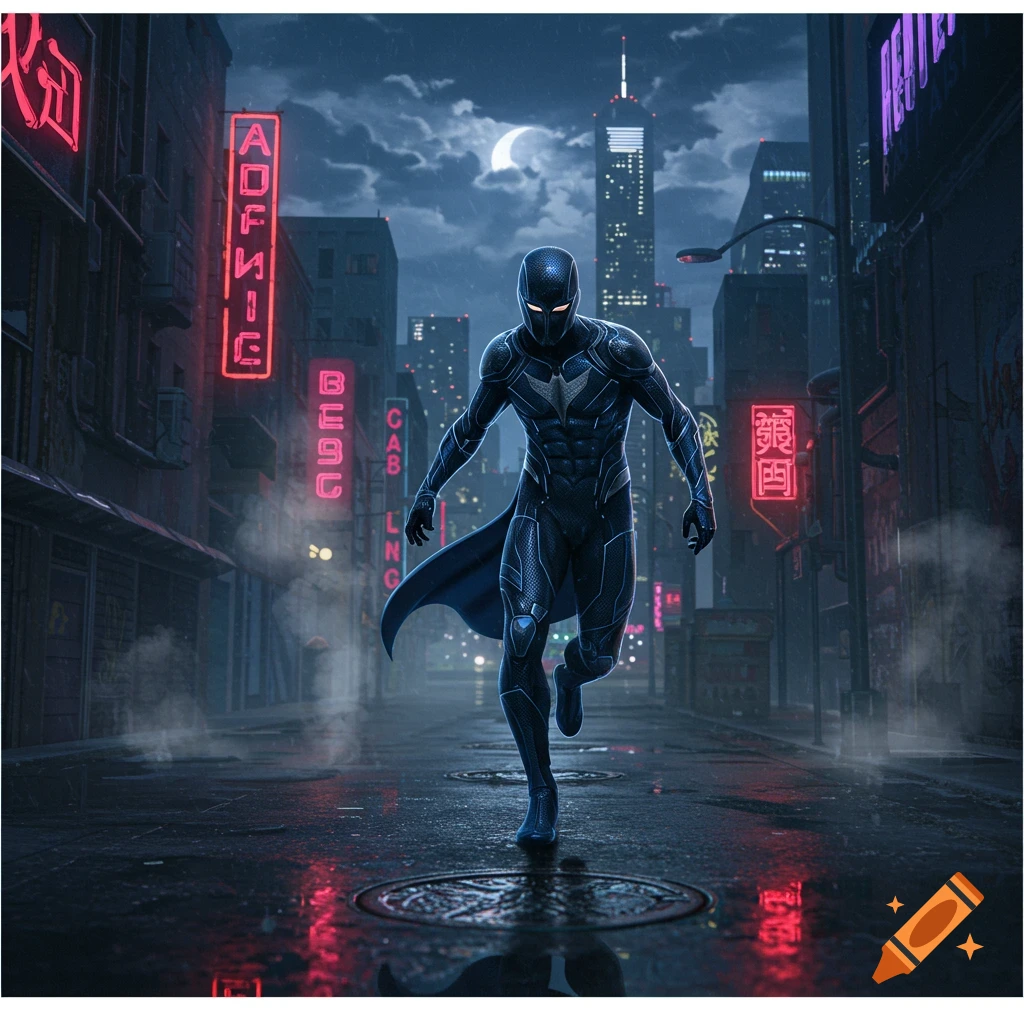A superhero in a dark blue and black suit with a cape runs through a rainy, neon-lit cyberpunk city at night under a full moon.