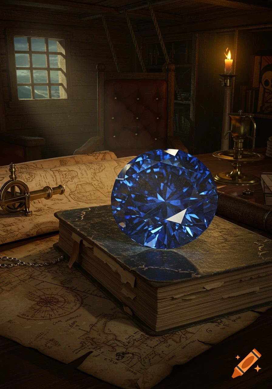 A large, faceted blue sapphire gemstone rests on a weathered book and old maps in a dimly lit pirate ship cabin, with a telescope and candle nearby.