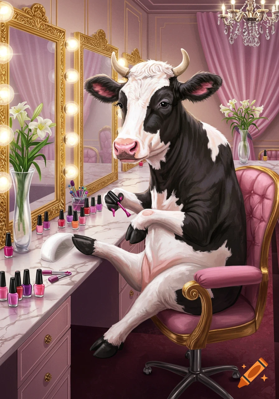 A detailed digital illustration of a black and white cow painting its hooves with pink nail polish in a fancy pink beauty salon.