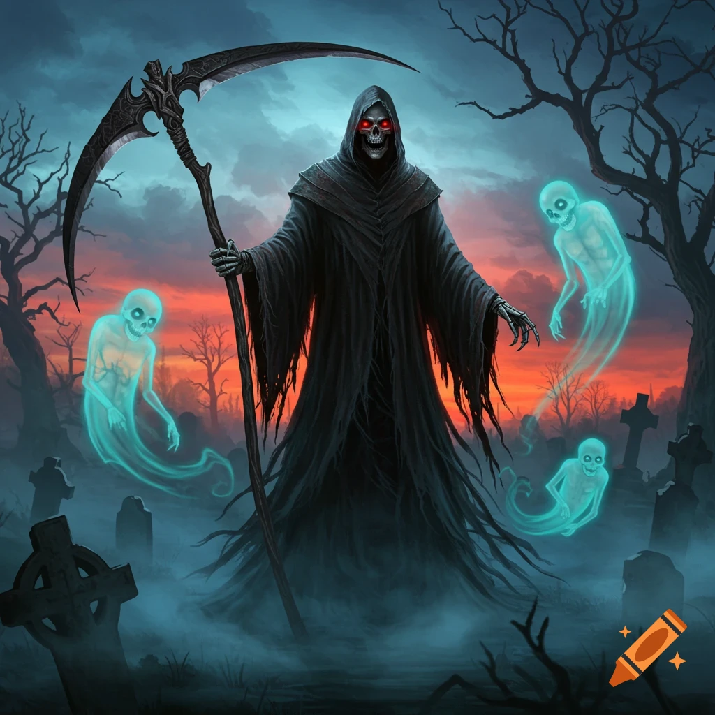 A dark Grim Reaper with glowing red eyes stands in a misty graveyard with three floating blue ghosts and bare trees at sunset.