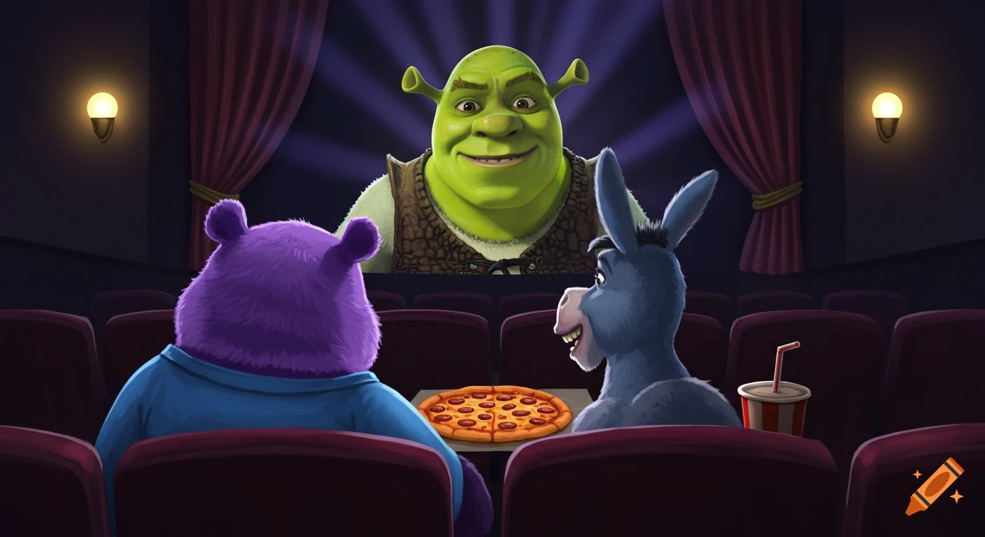 Shrek is on a movie screen, watched by a purple bear and a blue donkey eating pizza and soda in a dark movie theater.