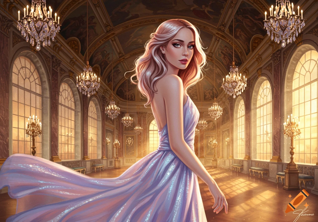 A beautiful woman with blonde hair in a sparkling lavender gown stands in a lavish, golden ballroom with crystal chandeliers and large arched windows, looking over her shoulder.