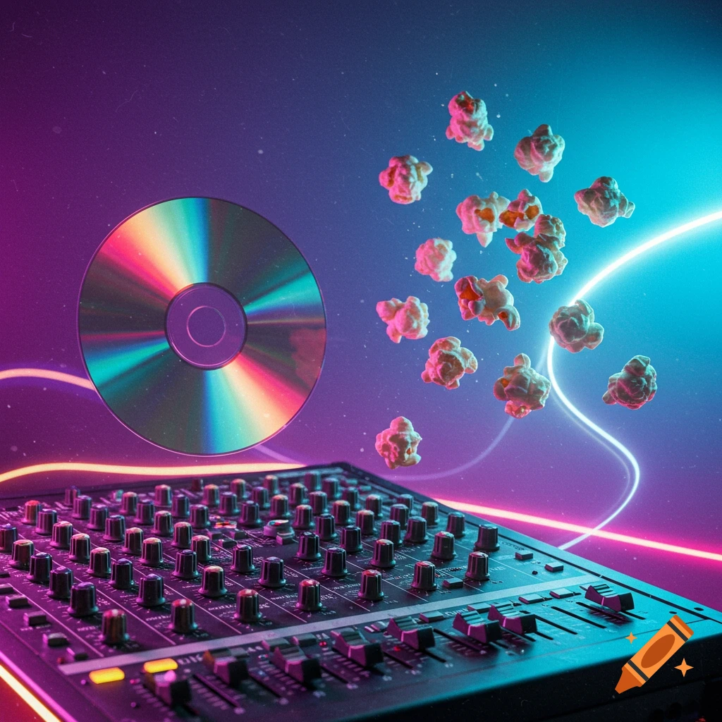 A synthwave-style image showing a reflective CD, floating popcorn, and a sound mixer against a glowing purple and blue background.
