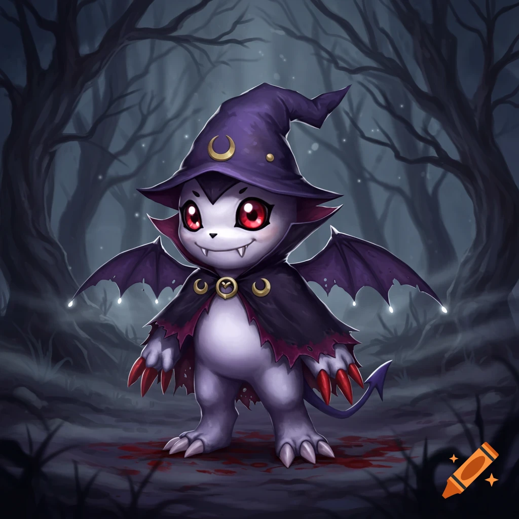 A cute, cartoonish vampire creature wearing a witch hat and cape stands in a dark forest, with bloodstains on the ground.