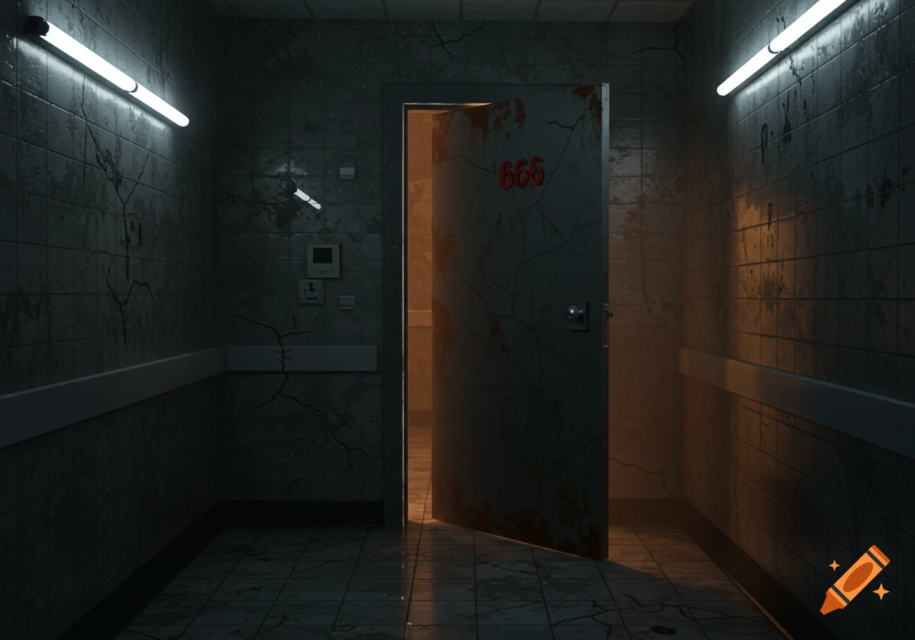 A dark, grimy medical hallway with an ominous partially open door marked '666' glowing from within.