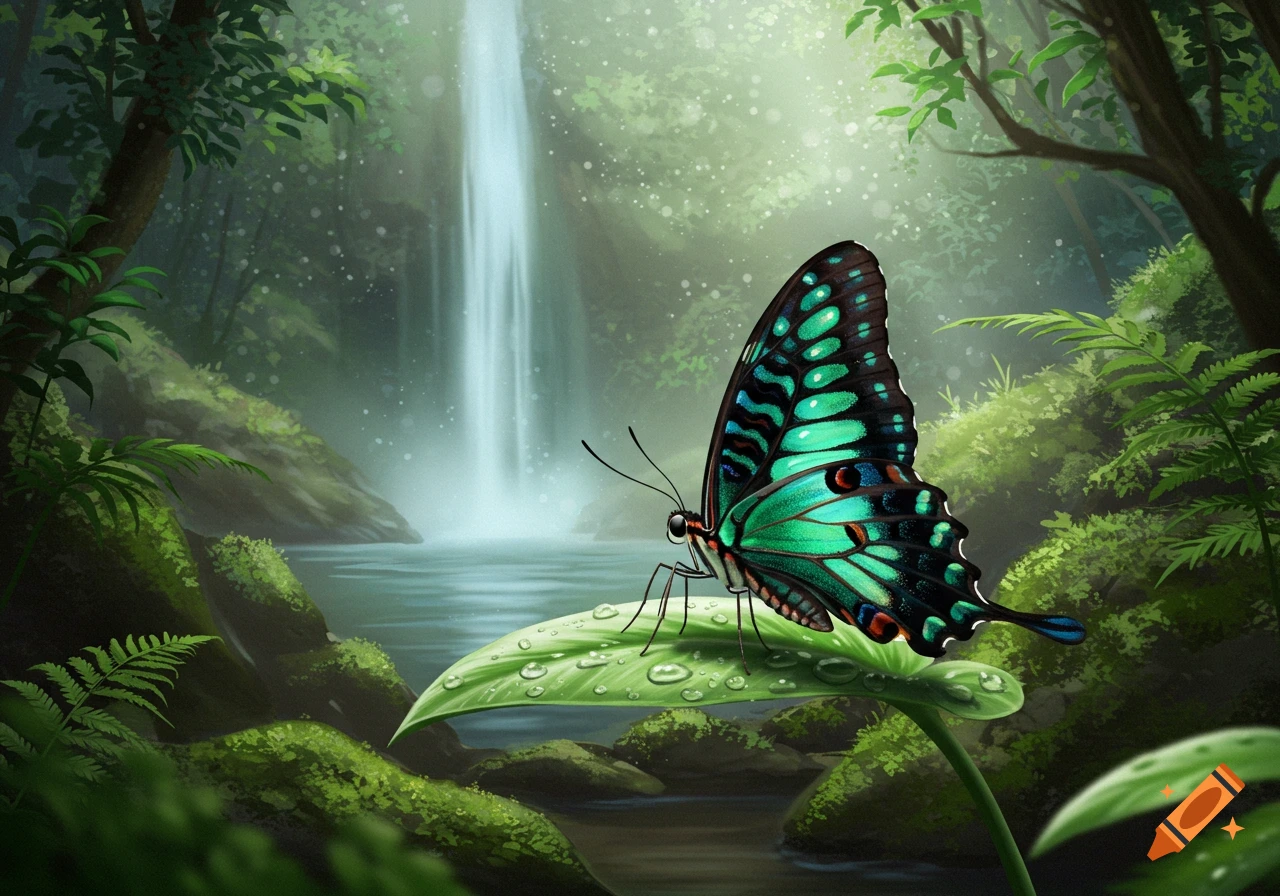 Vibrant blue-green butterfly on a dewy leaf in a lush jungle with a bright waterfall, illustrated style.