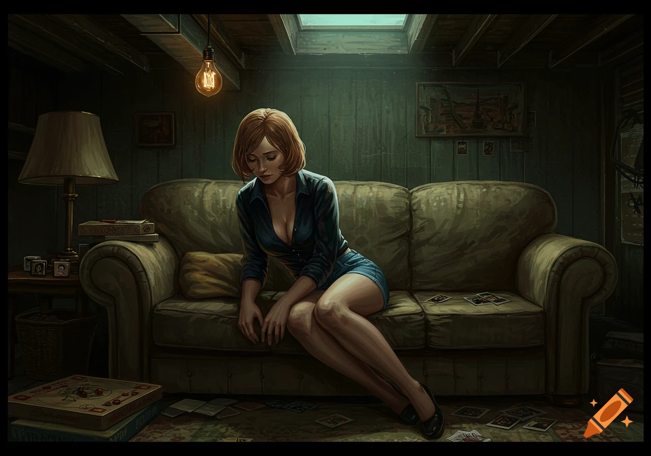 An illustration of a woman with short hair, wearing a low-cut blouse and denim shorts, slumping on a couch in a dimly lit basement.
