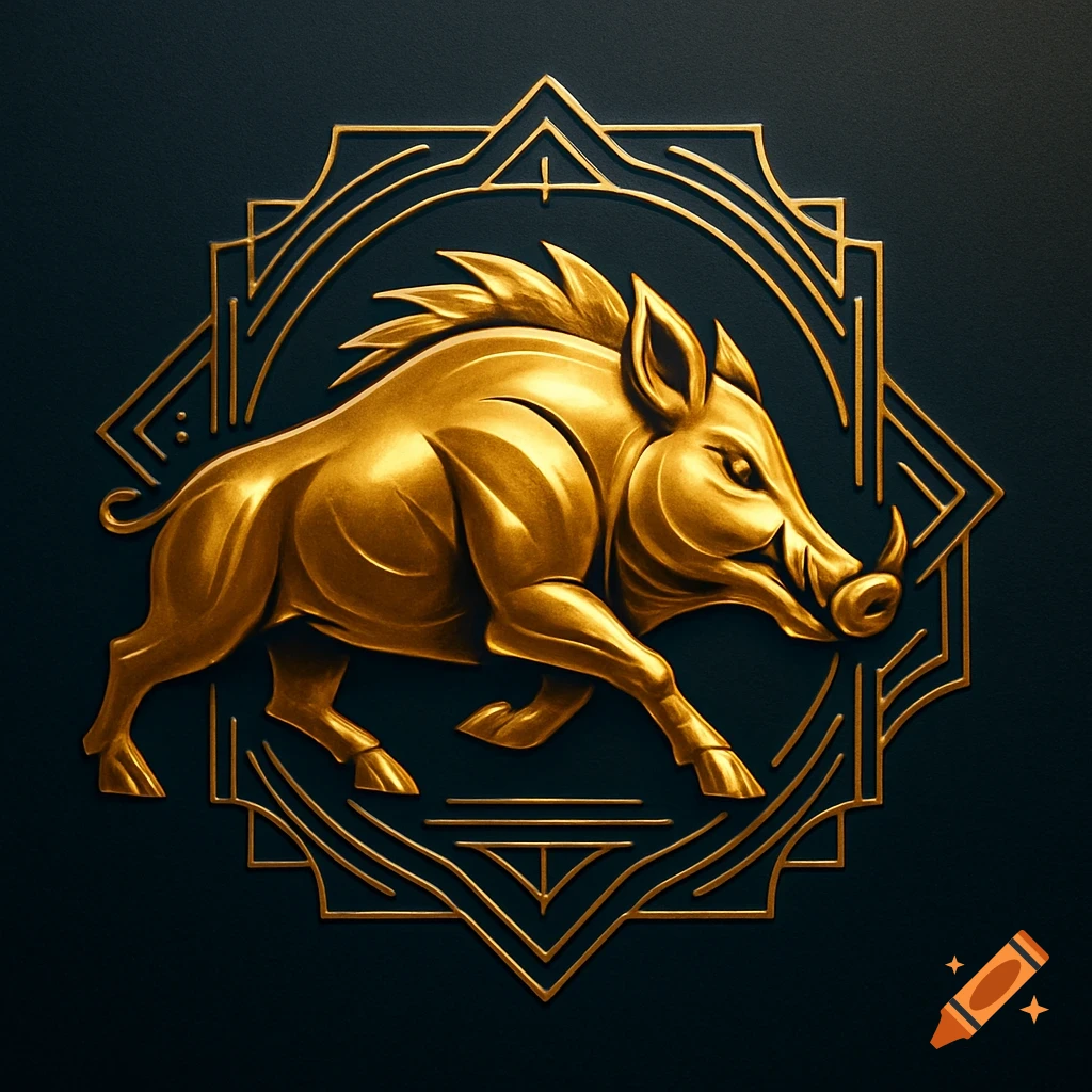 A stylized golden boar rendered as a metallic emblem within an ornate geometric frame on a dark background.