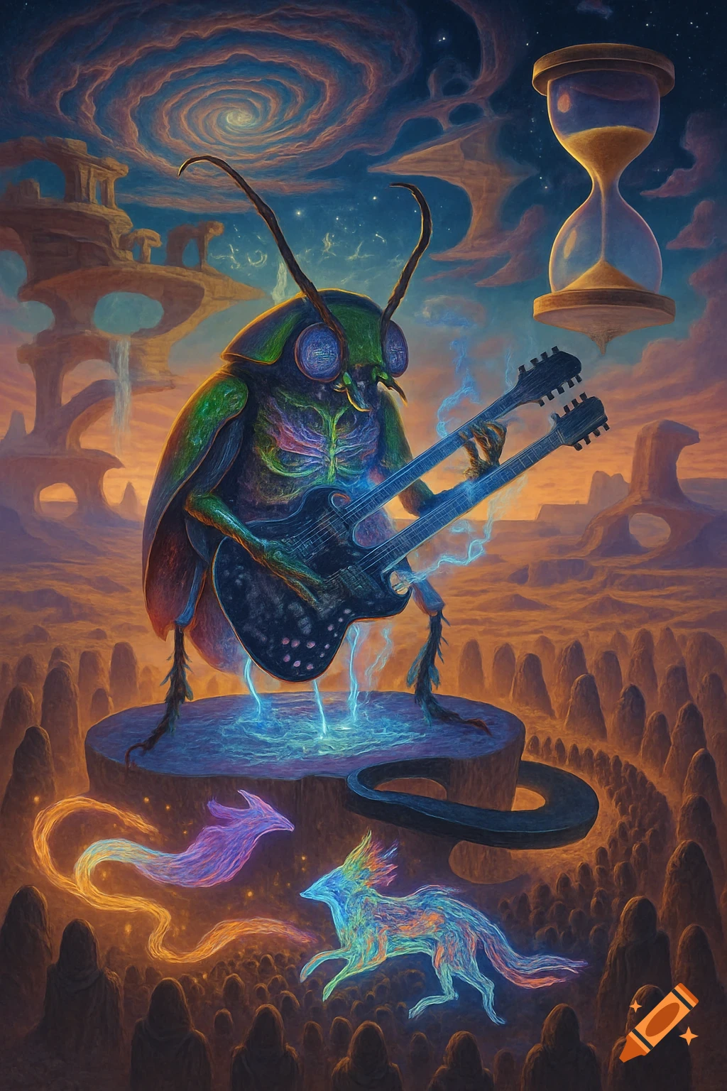 A colossal, iridescent beetle plays a glowing double-neck electric guitar in a surreal alien desert watched by hooded figures.