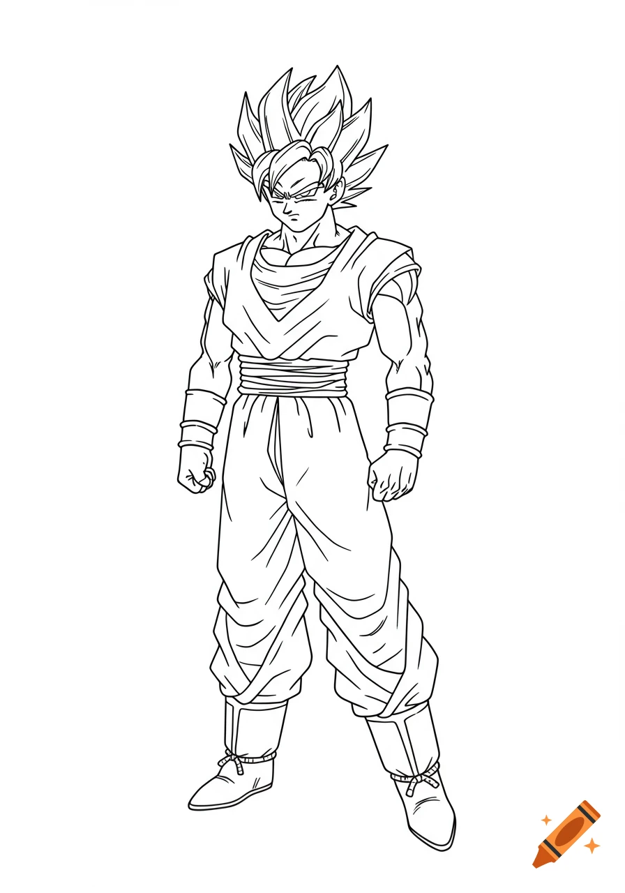 Black and white line art drawing of Goku from Dragon Ball Z, standing in a dynamic pose, ideal for a coloring page.