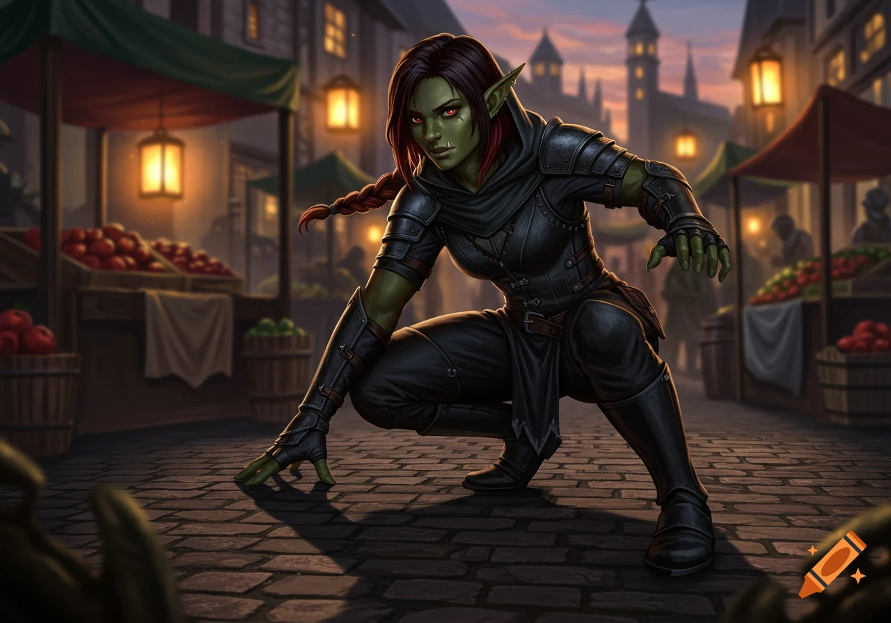 A green-skinned female rogue with red eyes and dark clothes crouches stealthily in a dimly lit fantasy market street.