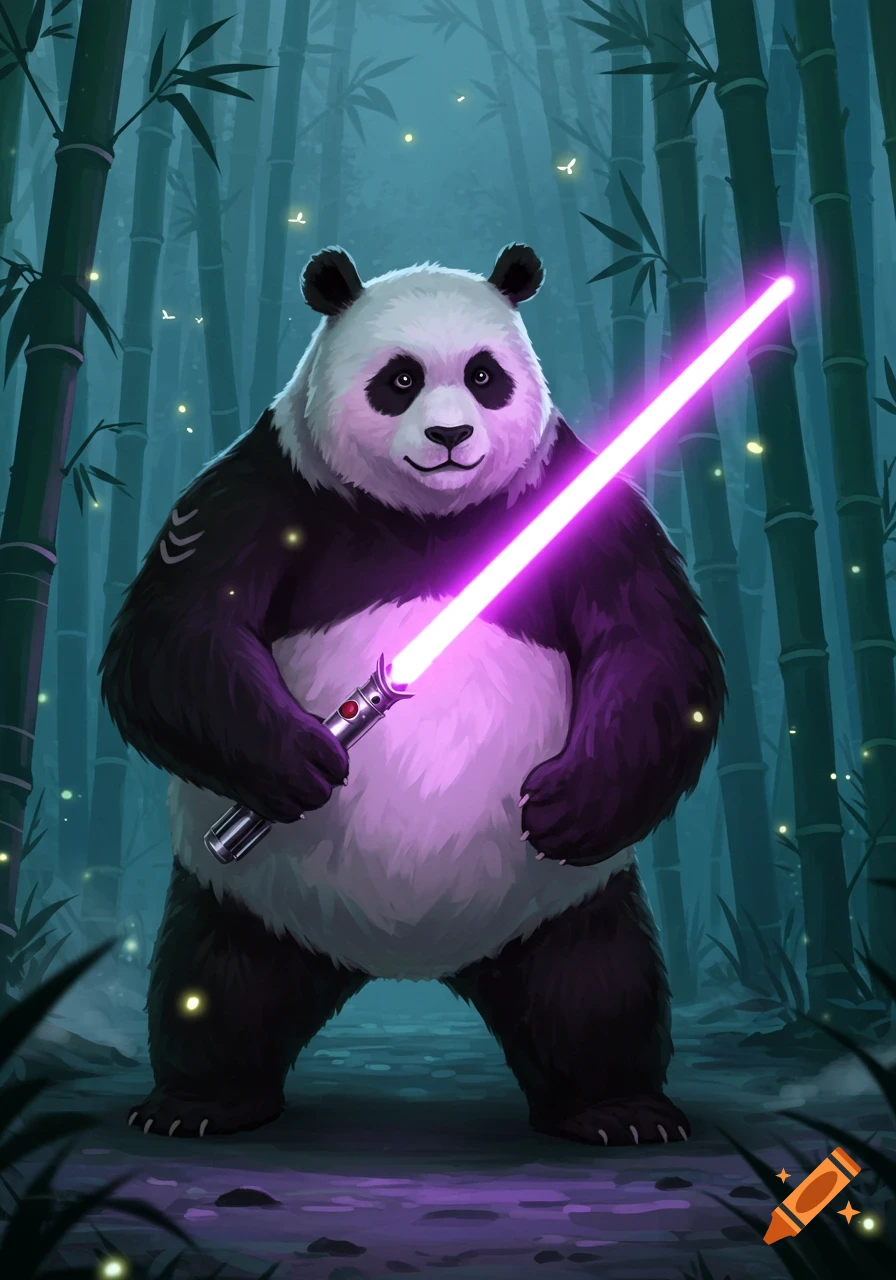 An illustrated panda stands in a dark bamboo forest, holding a glowing purple lightsaber amidst fireflies.