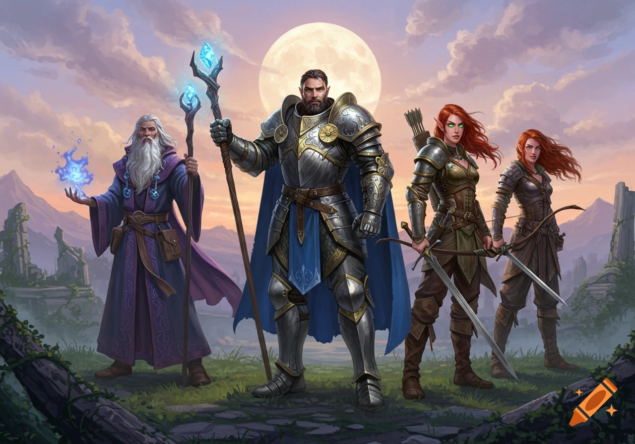 A wizard, knight, and two archers stand heroically in a fantasy landscape with ruins and a full moon.