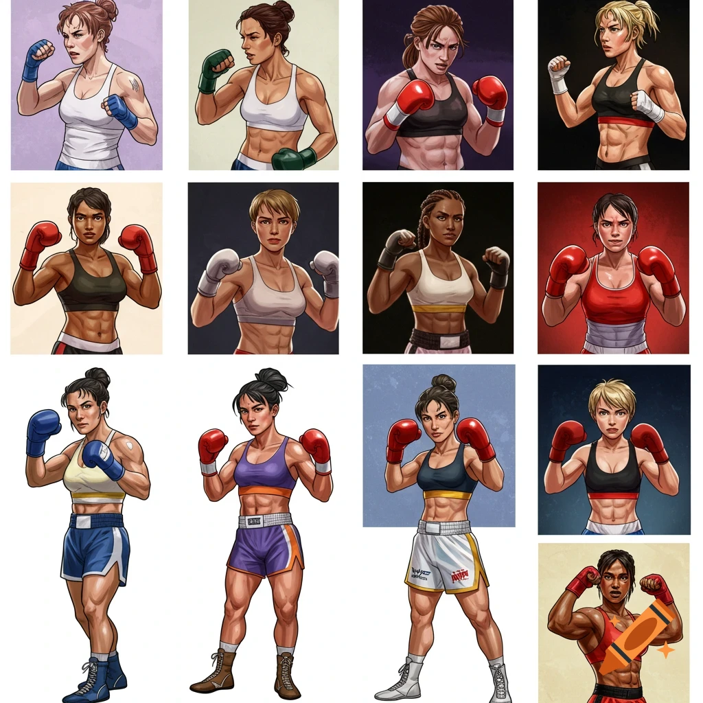 A grid of illustrated female boxers in various poses, wearing sports bras, shorts, and boxing gloves, depicted with different levels of muscularity.