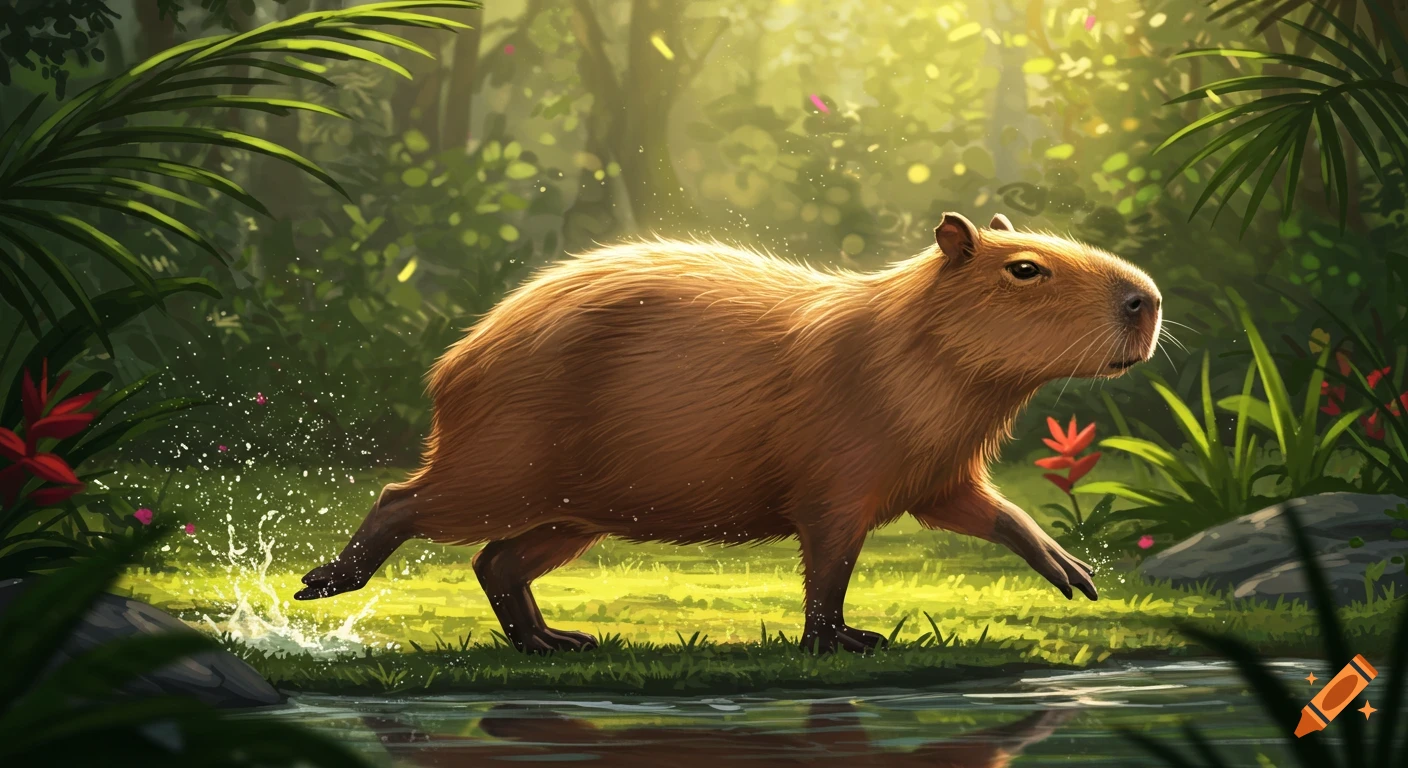 A brown capybara runs through shallow water in a sunlit, lush green jungle, splashing water behind it.