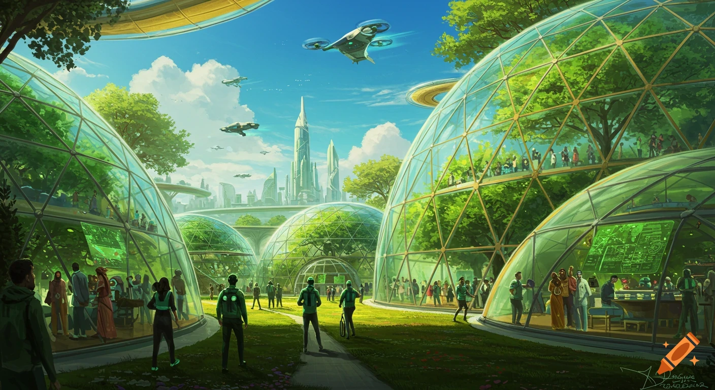 A vibrant, futuristic city with glass dome buildings filled with lush greenery, advanced skyscrapers, flying vehicles, and diverse people amidst nature and technology.