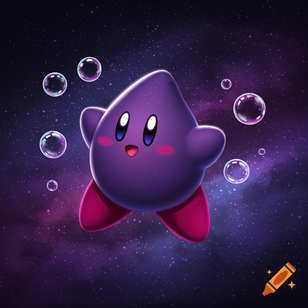 A cute purple star-shaped character with rosy cheeks floats in a dark, starry cosmic background with bubbles.