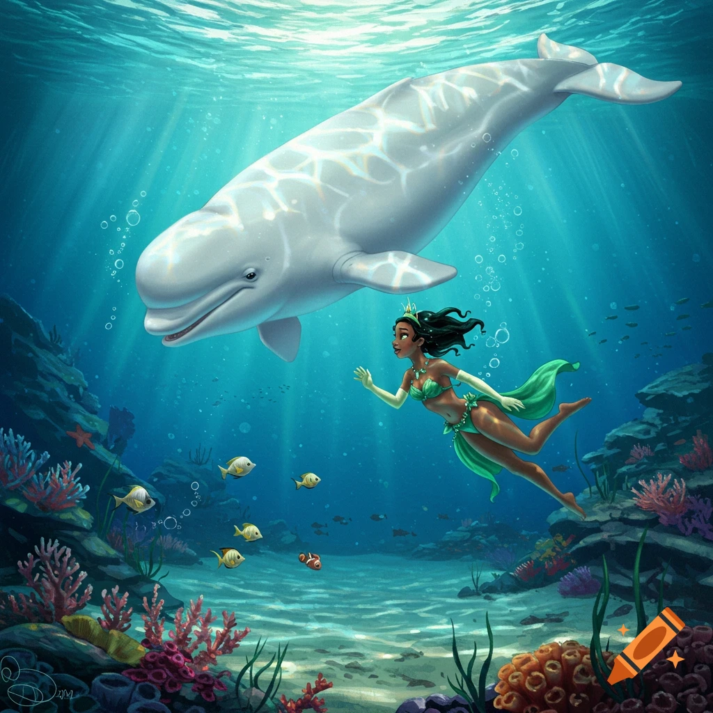 An illustration of Princess Tiana in a green bikini swimming happily with a large white beluga whale in a vibrant underwater coral reef.