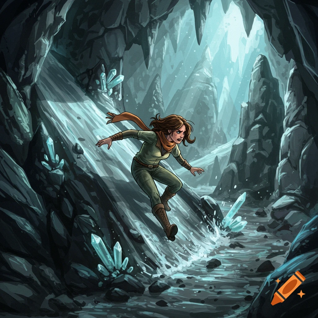 A woman jumps down a rocky, crystal-filled slide inside a deep, icy blue cave in a comic art style.
