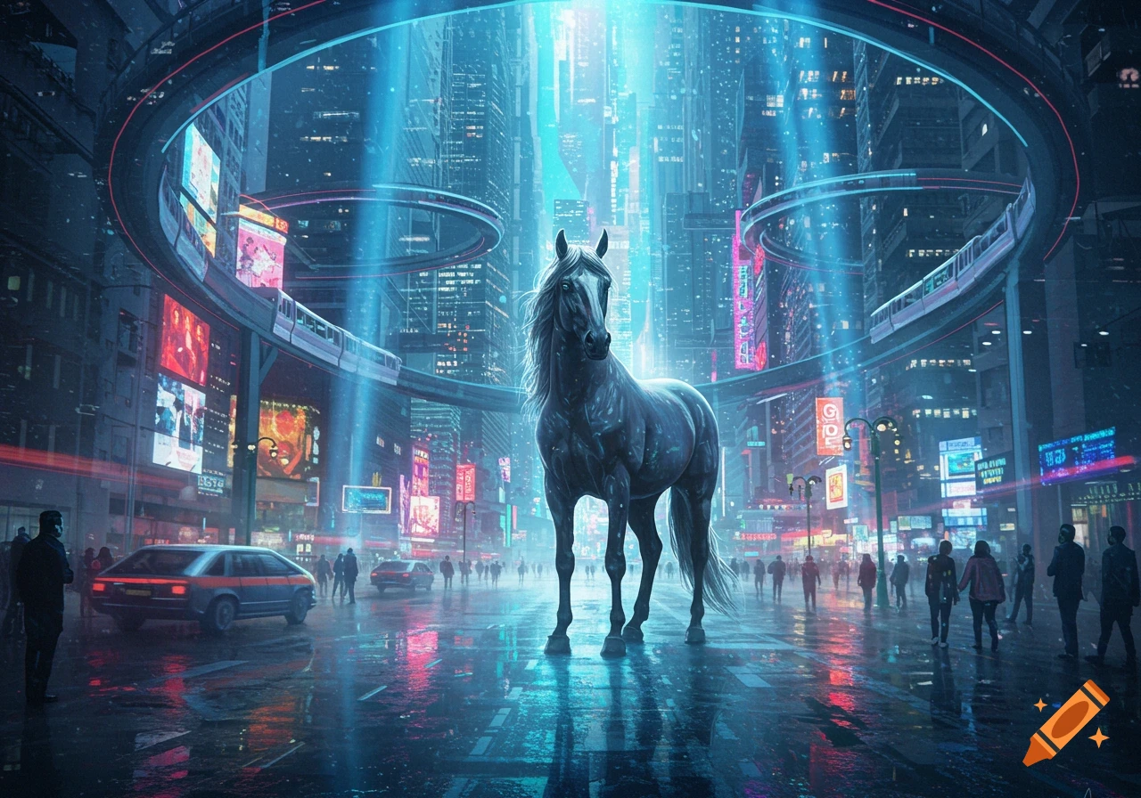 A majestic dark horse stands in the middle of a neon-lit futuristic city street with elevated trains and reflections on wet ground.
