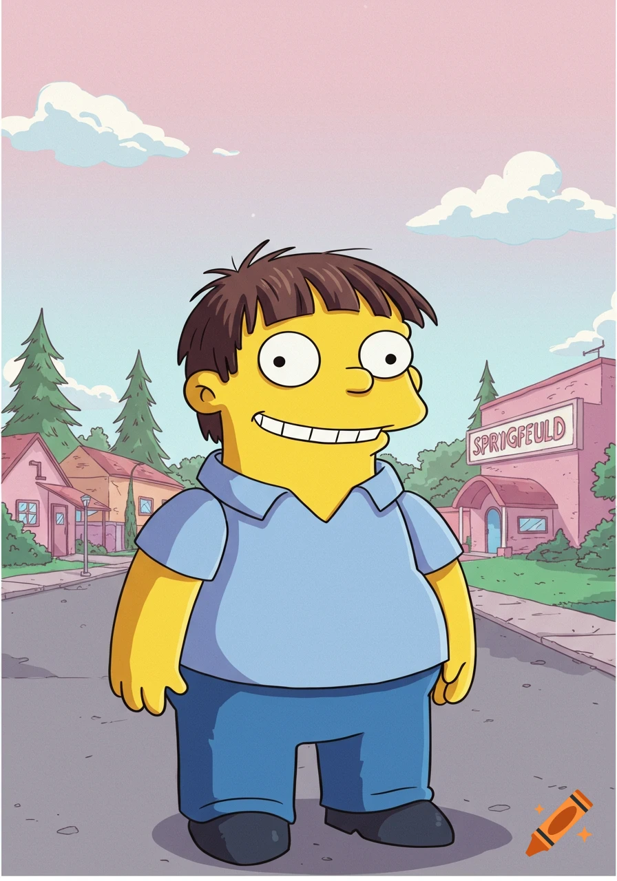 Ralph Wiggum from The Simpsons stands smiling on a street in front of houses and a building, in a cartoon style.