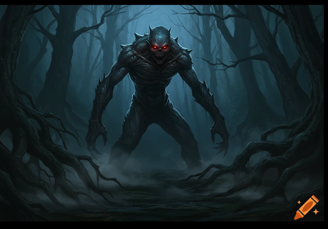 A terrifying, muscular dark creature with glowing red eyes and horns stands in a foggy, dark forest with gnarled roots.