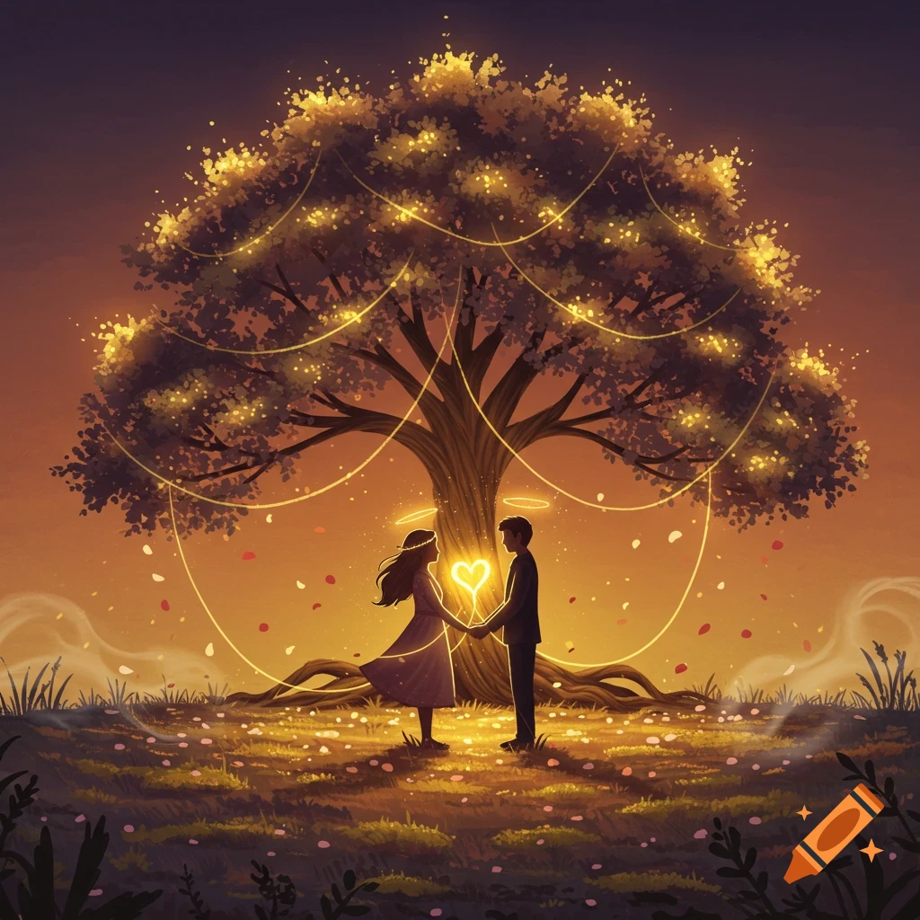 Soulmates hold hands under a glowing tree of life at sunset, a radiant heart between them, in dreamy storybook style.