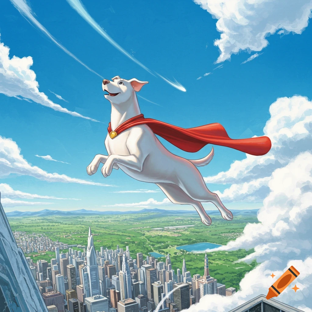 A white dog in a red cape flies through a blue, cloudy sky above a sprawling city and green landscape in a comic book style illustration.