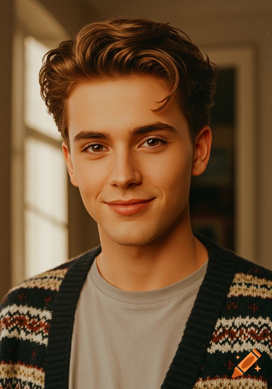 Photorealistic portrait of a young man with brown hair and a friendly smile, wearing a fair isle cardigan and a grey t-shirt in soft lighting.
