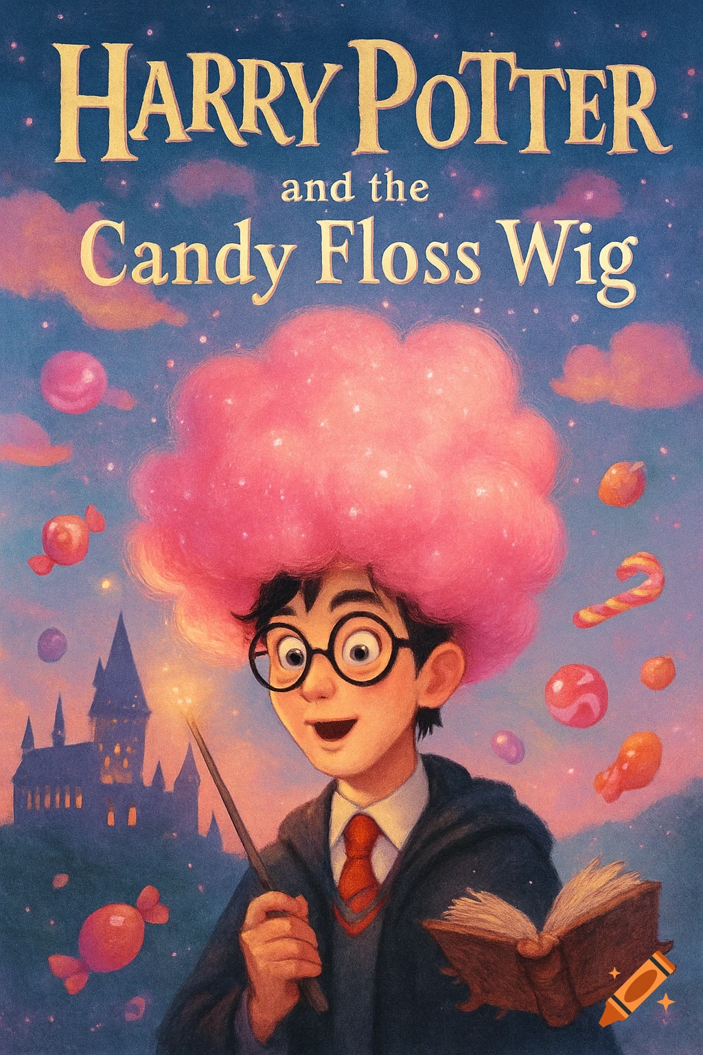 A whimsical illustration of a Harry Potter-like boy with a pink candy floss wig, holding a wand, in front of a castle, with candy floating around. The title reads 'Harry Potter and the Candy Floss Wig'.