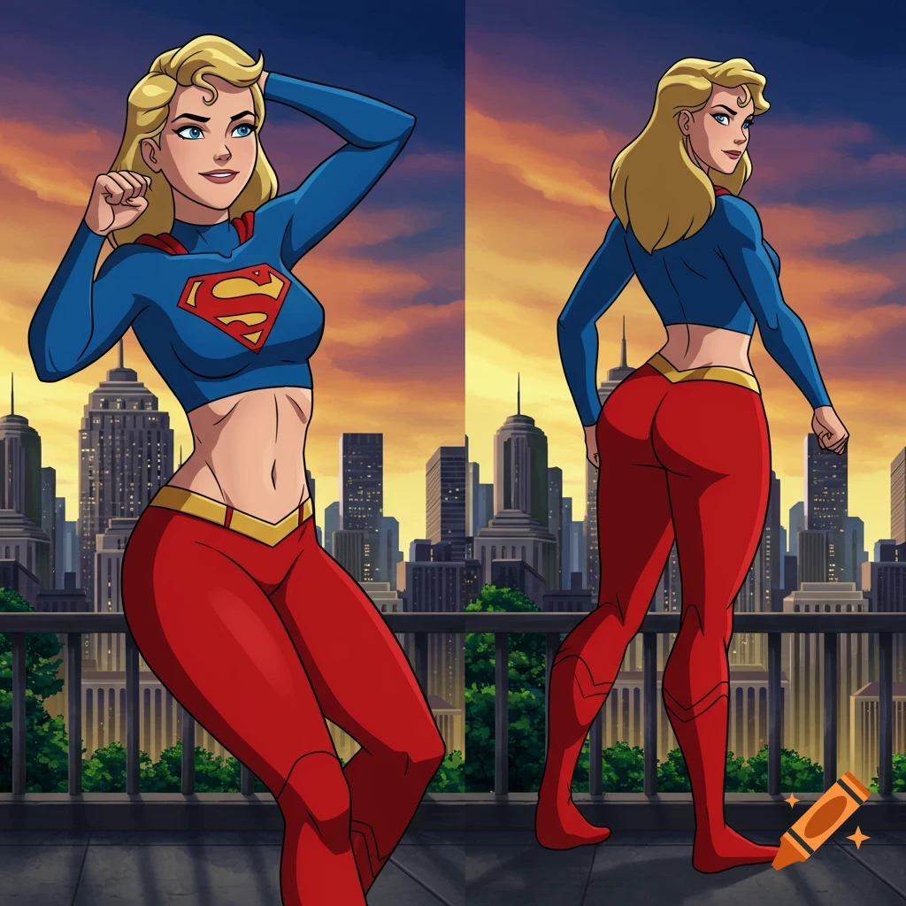 Cartoon Supergirl in a blue crop top and red yoga leggings, shown from front and back, against a city skyline at sunset.