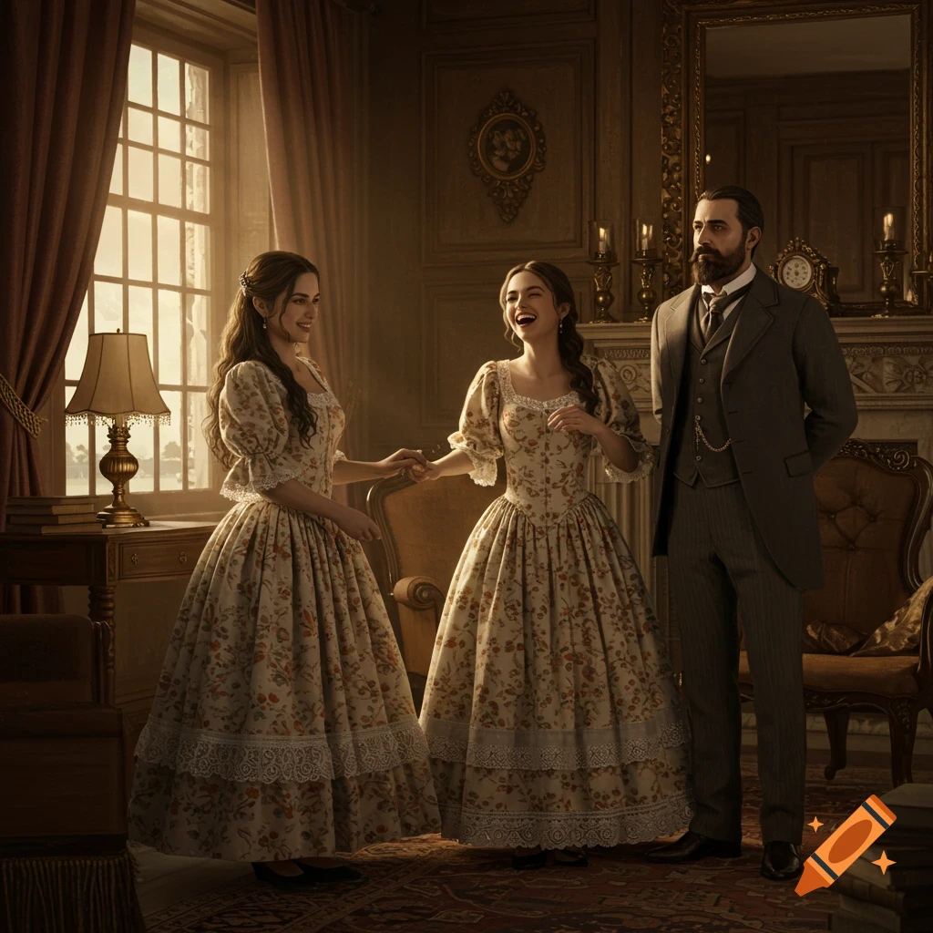 Two smiling women in floral gowns hold hands, standing with a man in a suit in an opulent historical room with large windows.
