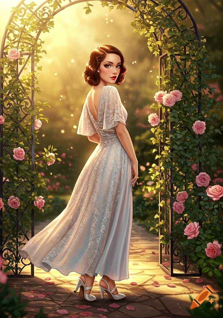 A vintage-style woman in a light, flowing dress stands under a rose-covered garden arch in golden sunlight.