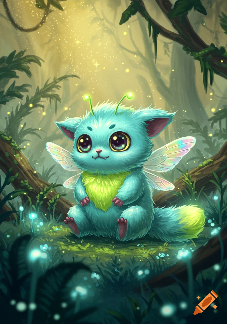 A fluffy, turquoise creature with large eyes, fairy wings, and antennae sits in a glowing magical forest.