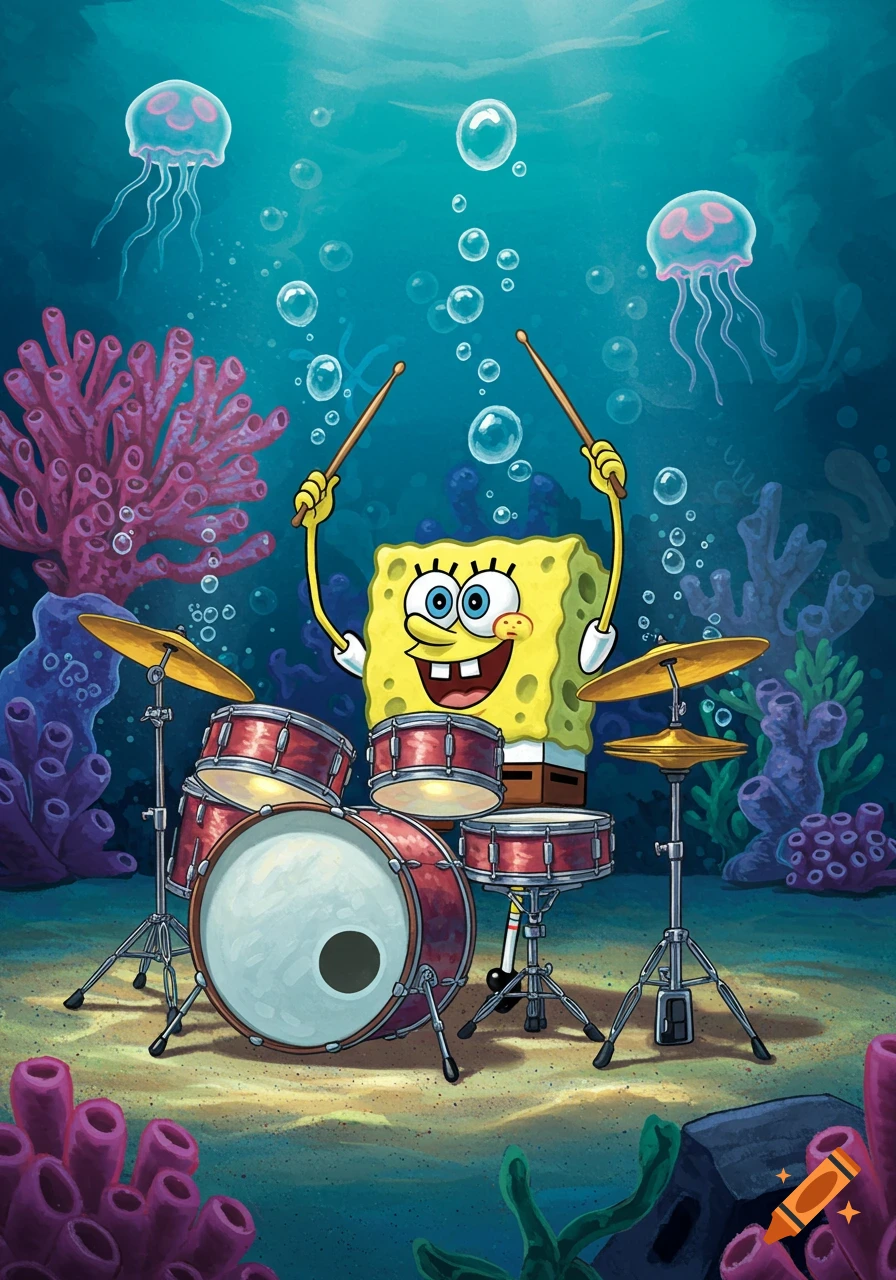 SpongeBob SquarePants happily plays a red drum set underwater, surrounded by coral, bubbles, and pink jellyfish in a vibrant cartoon style.