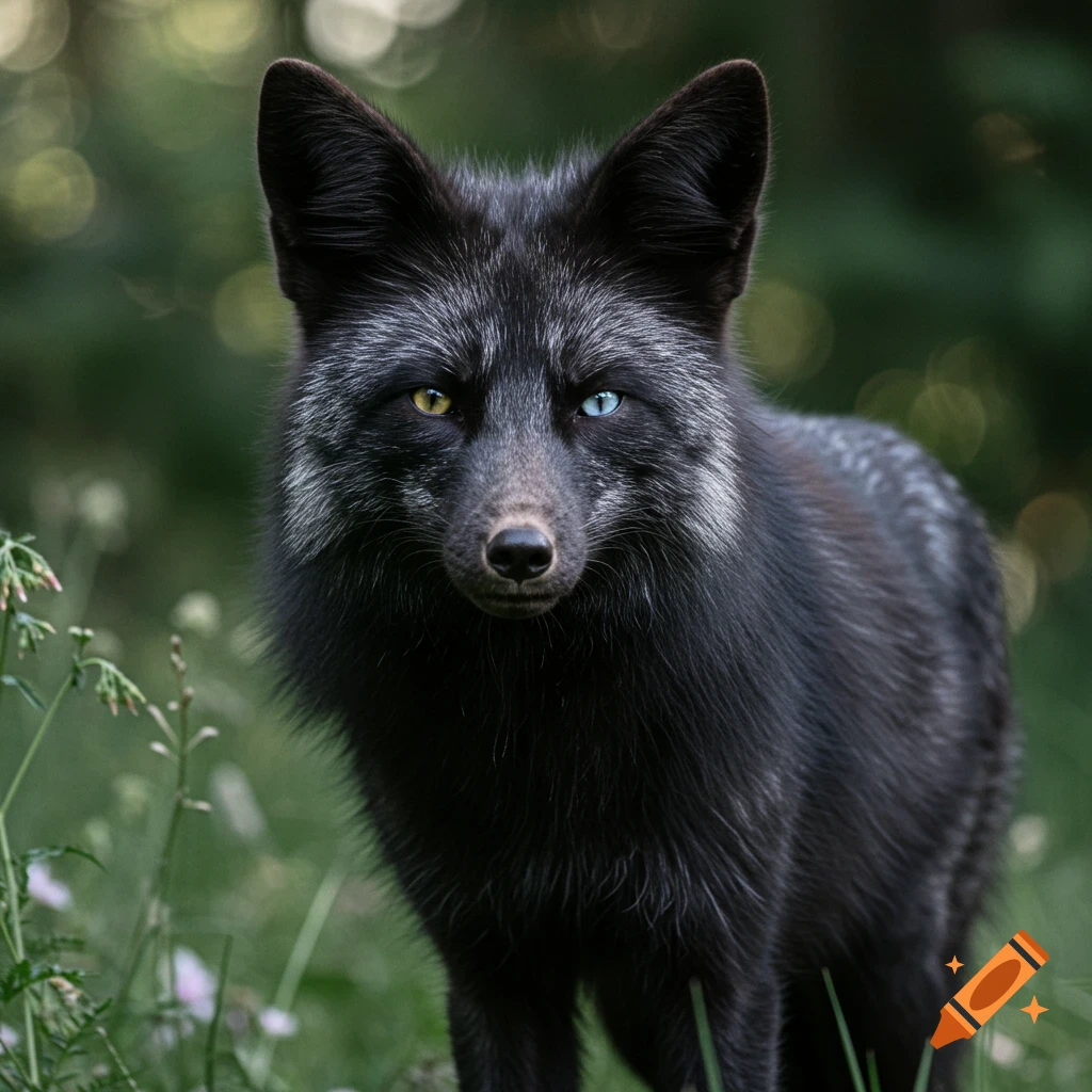A photorealistic close-up of a black and silver fox with heterochromatic eyes, one yellow and one blue, in green grass.