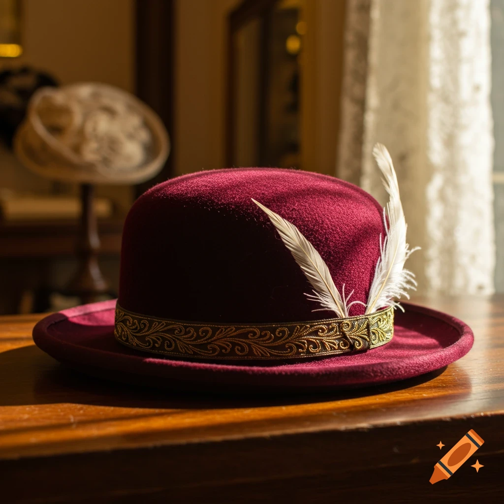 A burgundy bowler hat with a golden ornate band and white feathers sits on a wooden table, bathed in sunlight.