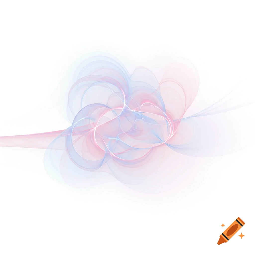 Translucent pink and blue flowing abstract shapes on a white background.