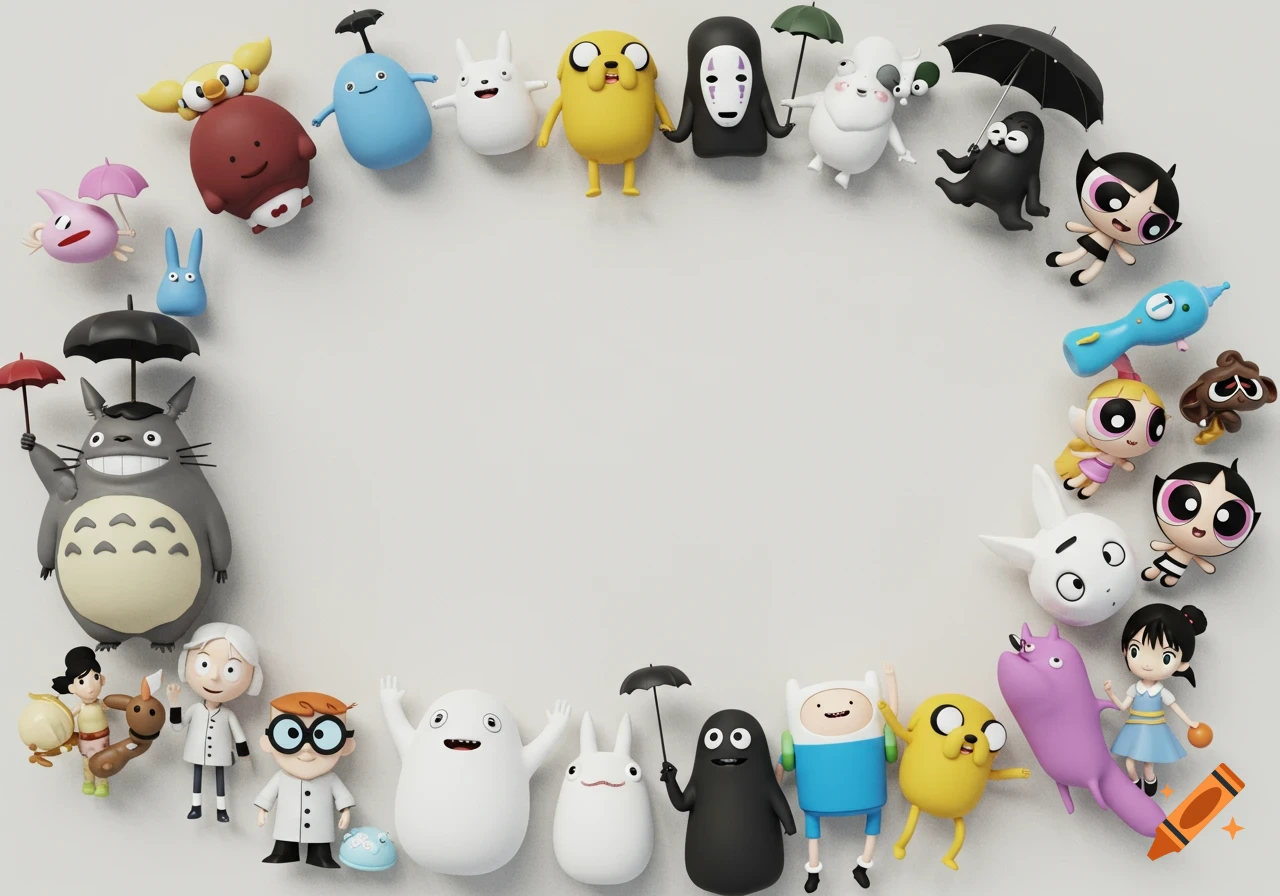 A blank white space is surrounded by a circle of 3D rendered cartoon and anime characters from various shows.