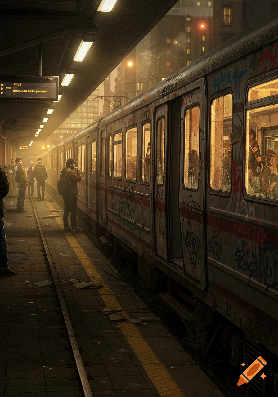 A dark, moody train station platform with an old, graffiti-covered train. People wait under dim lights as city buildings rise in the hazy background.