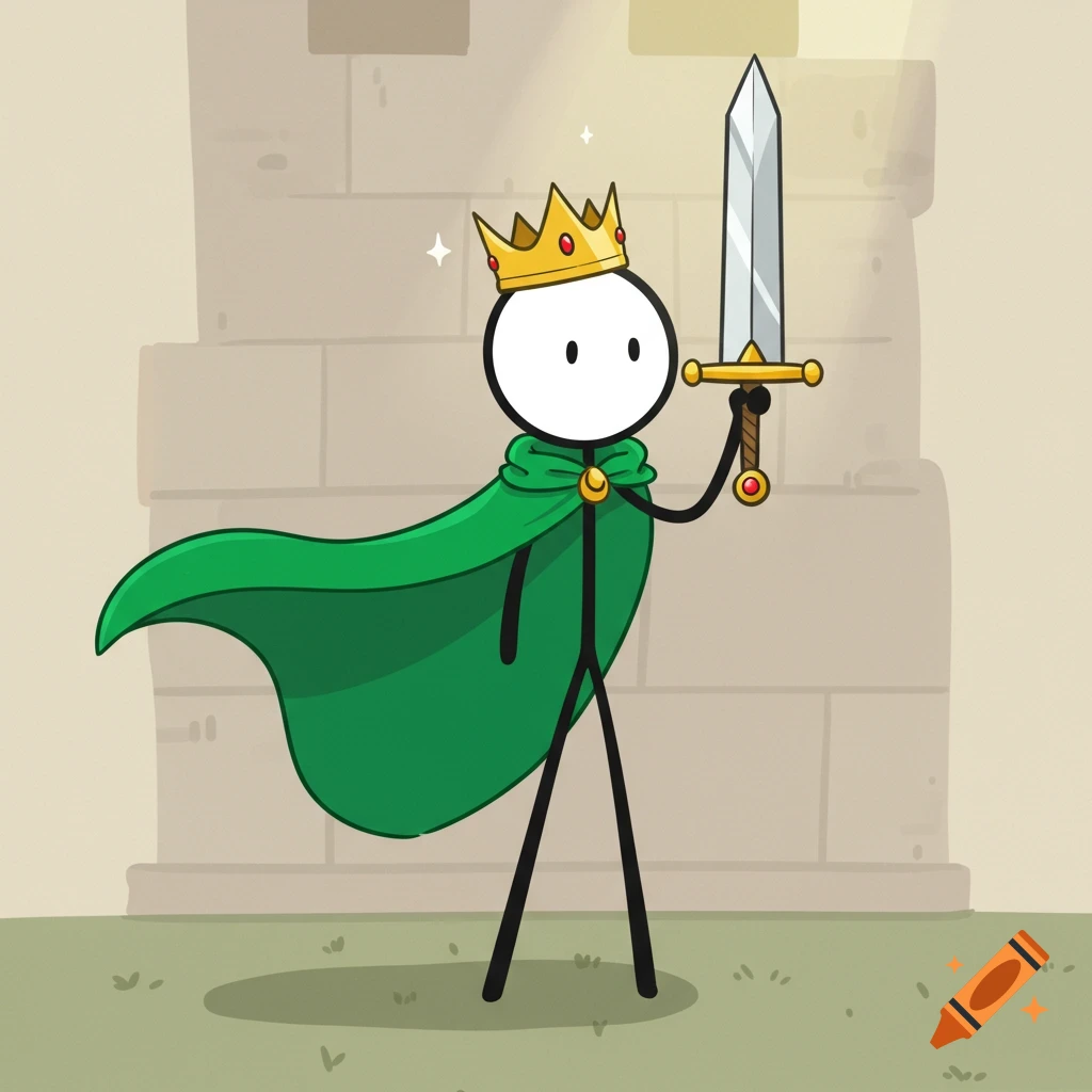 A cartoon stickman king in a green cape and crown holds a medieval sword, standing in front of a castle wall.
