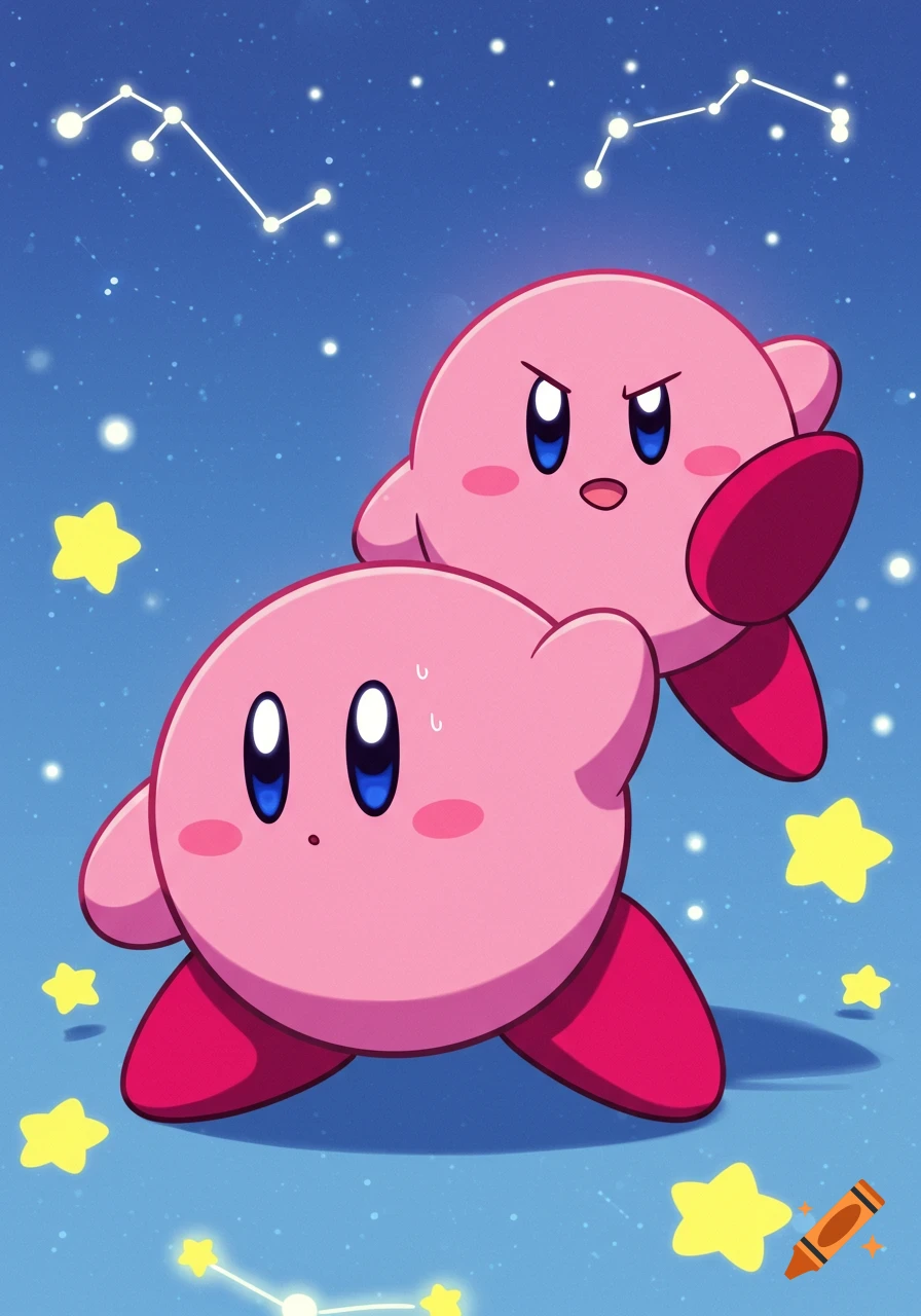 Two pink Kirby characters, one looking nervous and the other mischievous with a raised foot, on a starry blue background in anime style.